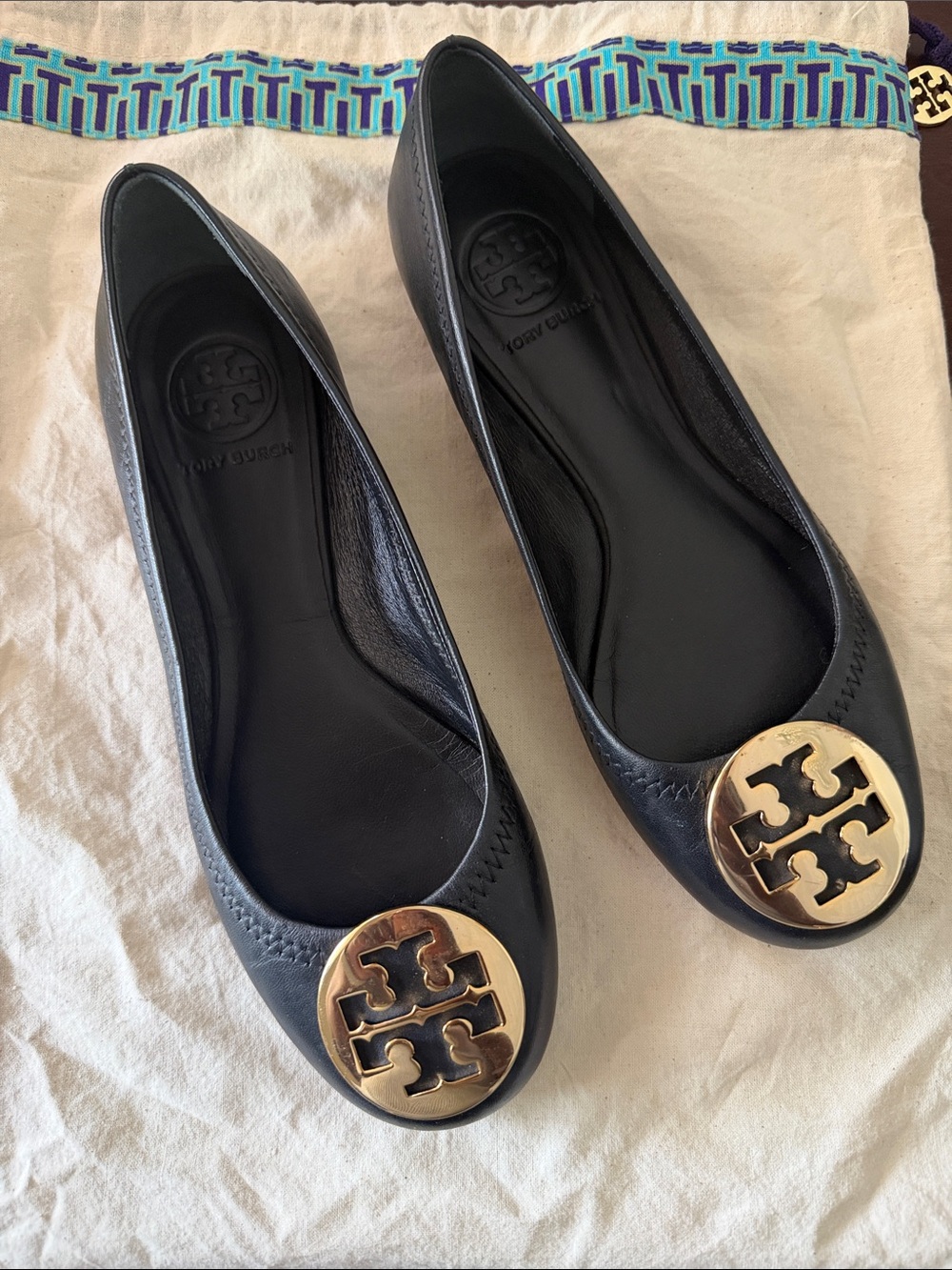 Tory Burch Black Leather Ballet Flats with Gold Logo Disc